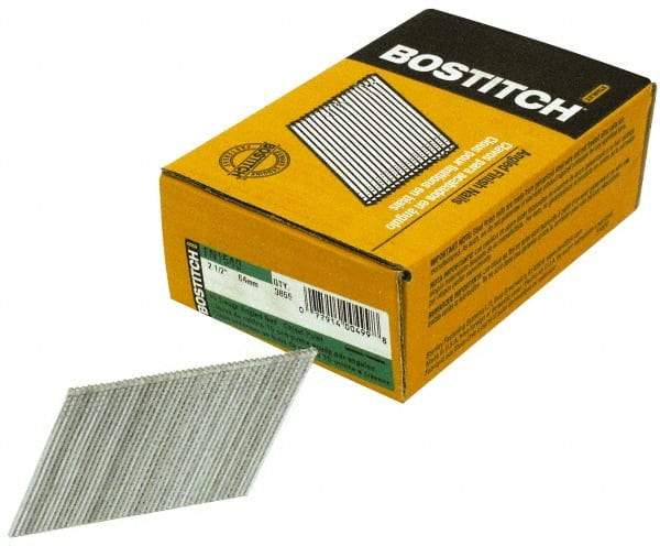 Stanley Bostitch - 15 Gauge 0.072" Shank Diam 2-1/2" Long Finishing Nails for Power Nailers - Steel, Galvanized Finish, Angled Stick Collation, Chisel Point - Americas Industrial Supply
