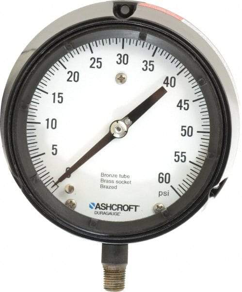Ashcroft - 4-1/2" Dial, 1/4 Thread, 0-60 Scale Range, Pressure Gauge - Lower Connection, Rear Flange Connection Mount, Accurate to 0.5% of Scale - Americas Industrial Supply