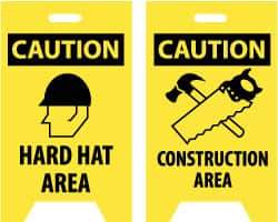 NMC - Caution - Hard Hat Area, Caution - Construction Area, 12" Wide x 20" High, Plastic Floor Sign - A-Frame, Black on Yellow, For Accident Prevention - Americas Industrial Supply