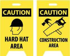 NMC - Caution - Hard Hat Area, Caution - Construction Area, 12" Wide x 20" High, Plastic Floor Sign - A-Frame, Black on Yellow, For Accident Prevention - Americas Industrial Supply