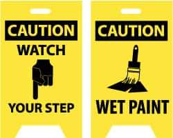 NMC - Caution - Watch Your Step, Caution - Wet Paint, 12" Wide x 20" High, Plastic Floor Sign - A-Frame, Black on Yellow, For Accident Prevention - Americas Industrial Supply