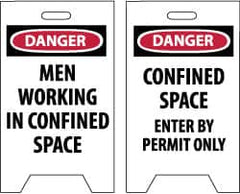 NMC - Danger - Men Working in Confined Area, Danger - Confined Space - Enter by Permit Only, 12" Wide x 19" High, Plastic Floor Sign - A-Frame, Red & Black on White, For Accident Prevention - Americas Industrial Supply