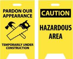 NMC - Pardon Our Appearance - Temporarily Under Construction, 12" Wide x 19" High, Plastic Floor Sign - A-Frame, Black on Yellow, For Accident Prevention - Americas Industrial Supply