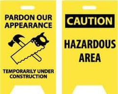 NMC - Pardon Our Appearance - Temporarily Under Construction, 12" Wide x 19" High, Plastic Floor Sign - A-Frame, Black on Yellow, For Accident Prevention - Americas Industrial Supply