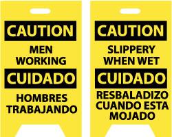 NMC - Caution - Men Working, Caution - Slippery When Wet, 12" Wide x 20" High, Plastic Floor Sign - English/Spanish, A-Frame, Black on Yellow, For Accident Prevention - Americas Industrial Supply