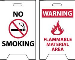 NMC - No Smoking, Warning - Flammable Material Area, 12" Wide x 20" High, Plastic Floor Sign - A-Frame, Red & Black on White, For Hazardous Materials - Americas Industrial Supply