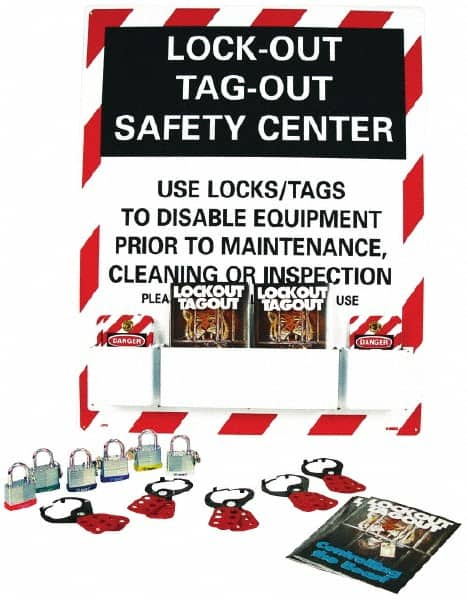 NMC - Equipped Polystyrene Tag and Padlock / Hasp Station - 24 Inch Wide x 30 Inch High, Red, White and White on Black - Americas Industrial Supply