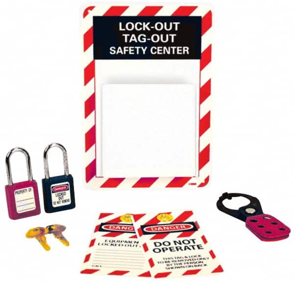 NMC - Equipped Polystyrene Tag and Padlock / Hasp Station - 7 Inch Wide x 10 Inch High, Red, White and White on Black - Americas Industrial Supply