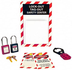 NMC - Equipped Polystyrene Tag and Padlock / Hasp Station - 7 Inch Wide x 10 Inch High, Red, White and White on Black - Americas Industrial Supply