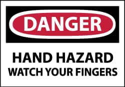 NMC - Hazardous Materials Label, Header: DANGER - Legend: Danger - Hand Hazard - Watch Your Fingers, English, Red, Black & White, 5" Long x 3" High, Sign Muscle Finish - Americas Industrial Supply