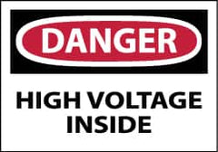 NMC - Accident Prevention Label, Header: DANGER - Legend: Danger - High Voltage Inside, English, Red, Black & White, 5" Long x 3" High, Sign Muscle Finish - Americas Industrial Supply