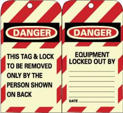 NMC - 3" High x 6" Long, DANGER - THIS TAG & LOCK TO BE REMOVED ONLY BY THE PERSON SHOWN ON BACK, English Safety & Facility Lockout Tag - Tag Header: Danger, 2 Sides, Black, Red & White Unrippable Vinyl - Americas Industrial Supply