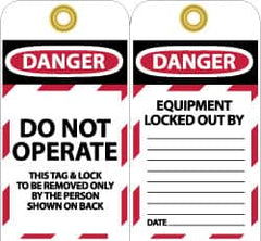 NMC - 3" High x 6" Long, DANGER - DO NOT OPERATE - THIS TAG & LOCK TO BE REMOVED ONLY BY THE PERSON SHOWN ON BACK, English Safety & Facility Lockout Tag - Tag Header: Danger, 2 Sides, Black, Red & White Unrippable Vinyl - Americas Industrial Supply