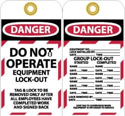 NMC - 3" High x 6" Long, DANGER - DO NOT OPERATE - EQUIPMENT LOCK-OUT, English Safety & Facility Lockout Tag - Tag Header: Danger, 2 Sides, Black, Red & White Unrippable Vinyl - Americas Industrial Supply