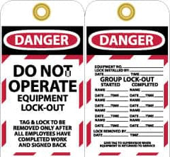 NMC - 3" High x 6" Long, DANGER - DO NOT OPERATE - EQUIPMENT LOCK-OUT, English Safety & Facility Lockout Tag - Tag Header: Danger, 2 Sides, Black, Red & White Unrippable Vinyl - Americas Industrial Supply