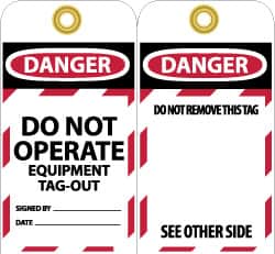 NMC - 3" High x 6" Long, DANGER - DO NOT OPERATE - EQUIPMENT TAG-OUT, English Safety & Facility Lockout Tag - Tag Header: Danger, 2 Sides, Black, Red & White Unrippable Vinyl - Americas Industrial Supply