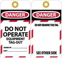 NMC - 3" High x 6" Long, DANGER - DO NOT OPERATE - EQUIPMENT TAG-OUT, English Safety & Facility Lockout Tag - Tag Header: Danger, 2 Sides, Black, Red & White Unrippable Vinyl - Americas Industrial Supply