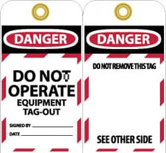 NMC - 3" High x 6" Long, DANGER - DO NOT OPERATE - EQUIPMENT TAG-OUT, English Safety & Facility Lockout Tag - Tag Header: Danger, 2 Sides, Black, Red & White Unrippable Vinyl - Americas Industrial Supply