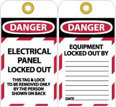 NMC - 3" High x 6" Long, DANGER - ELECTRICAL PANEL LOCKED OUT - THIS TAG & LOCK TO BE REMOVED ONLY BY THE PERSON SHOWN ON BACK, English Safety & Facility Lockout Tag - Tag Header: Danger, 2 Sides, Black, Red & White Unrippable Vinyl - Americas Industrial Supply