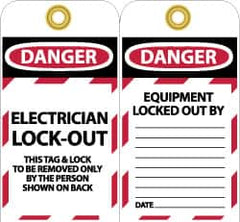 NMC - 3" High x 6" Long, DANGER - ELECTRICIAN LOCK-OUT - THIS TAG & LOCK TO BE REMOVED ONLY BY THE PERSON SHOWN ON BACK, English Safety & Facility Lockout Tag - Tag Header: Danger, 2 Sides, Black, Red & White Unrippable Vinyl - Americas Industrial Supply