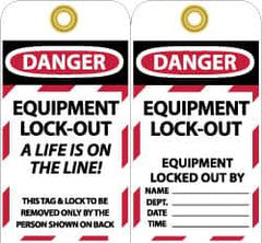 NMC - 3" High x 6" Long, DANGER - EQUIPMENT LOCK-OUT - A LIFE IS ON THE LINE! THIS TAG & LOCK TO BE REMOVED ONLY BY THE PERSON SHOWN ON BACK, English Safety & Facility Lockout Tag - Tag Header: Danger, 2 Sides, Black, Red & White Unrippable Vinyl - Americas Industrial Supply
