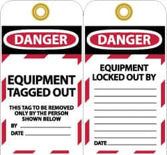 NMC - 3" High x 6" Long, DANGER - EQUIPMENT TAGGED OUT - THIS TAG TO BE REMOVED ONLY BY THE PERSON SHOWN BELOW, English Safety & Facility Lockout Tag - Tag Header: Danger, 2 Sides, Black, Red & White Unrippable Vinyl - Americas Industrial Supply