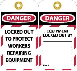 NMC - 3" High x 6" Long, DANGER - LOCKED OUT TO PROTECT WORKERS REPAIRING EQUIPMENT, English Safety & Facility Lockout Tag - Tag Header: Danger, 2 Sides, Black, Red & White Unrippable Vinyl - Americas Industrial Supply