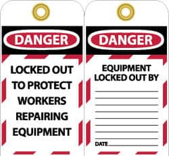 NMC - 3" High x 6" Long, DANGER - LOCKED OUT TO PROTECT WORKERS REPAIRING EQUIPMENT, English Safety & Facility Lockout Tag - Tag Header: Danger, 2 Sides, Black, Red & White Unrippable Vinyl - Americas Industrial Supply