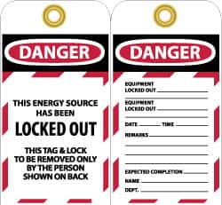 NMC - 3" High x 6" Long, DANGER - THIS ENERGY SOURCE HAS BEEN LOCKED OUT - THIS TAB & LOCK TO BE REMOVED ONLY BY THE PERSON SHOWN ON BACK, English Safety & Facility Lockout Tag - Tag Header: Danger, 2 Sides, Black, Red & White Unrippable Vinyl - Americas Industrial Supply