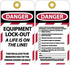 NMC - 3" High x 6" Long, DANGER - EQUIPMENT LOCK-OUT - A LIFE IS ON THE LINE! THIS TAG & LOCK TO BE REMOVED ONLY BY THE PERSON SHOWN ON BACK, English Safety & Facility Lockout Tag - Tag Header: Danger, 2 Sides, Black, Red & White Unrippable Vinyl - Americas Industrial Supply