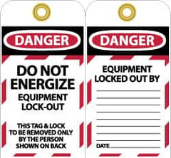 NMC - 3" High x 6" Long, DANGER - DO NOT ENERGIZE - EQUIPMENT LOCK-OUT - THIS TAG & LOCK TO BE REMOVED ONLY BY THE PERSON SHOWN ON BACK, English Safety & Facility Lockout Tag - Tag Header: Danger, 2 Sides, Black, Red & White Unrippable Vinyl - Americas Industrial Supply