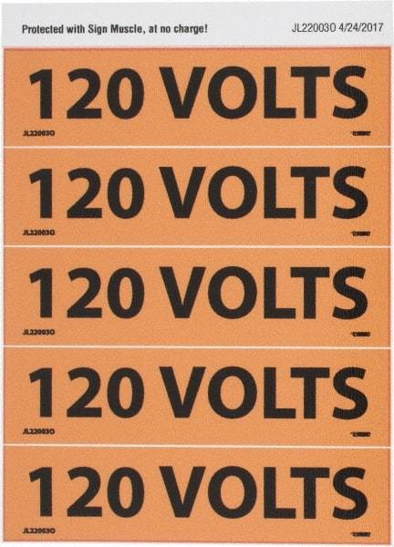 NMC - Electrical Markers Label - Legend: 120 Volts, English, Black & Orange, 4-1/2" Long x 1-1/8" High, Sign Muscle Finish - Americas Industrial Supply