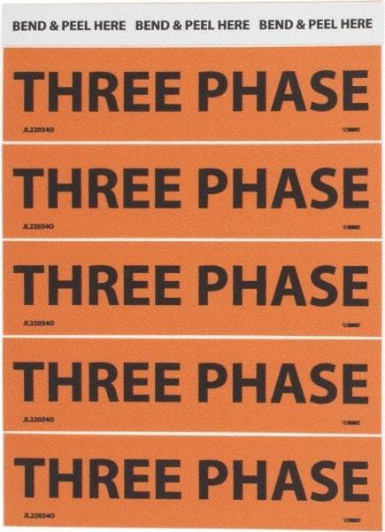 NMC - Electrical Markers Label - Legend: Three Phase, English, Black & Orange, 4-1/2" Long x 1-1/8" High, Sign Muscle Finish - Americas Industrial Supply
