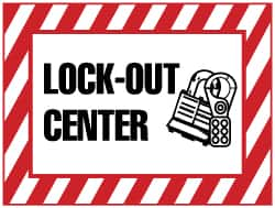 NMC - "Lock-Out Center", 7" Long x 10" Wide, Pressure-Sensitive Vinyl Safety Sign - Rectangle, 0.004" Thick, Use for Accident Prevention - Americas Industrial Supply