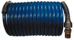 Coilhose Pneumatics - 3/8" ID, 3/8 Thread, 25' Long, Blue Nylon Coiled & Self Storing Hose - 230 Max psi, Male Swivel x Male Swivel - Americas Industrial Supply