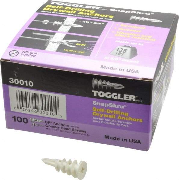 Toggler - #6 to 10 Screw, 5/16" Diam, 1-5/8" Long, 3/8 to 5/8" Thick, Self Drilling Drywall & Hollow Wall Anchor - Thermoplastic Alloy, Use in Drywall - Americas Industrial Supply