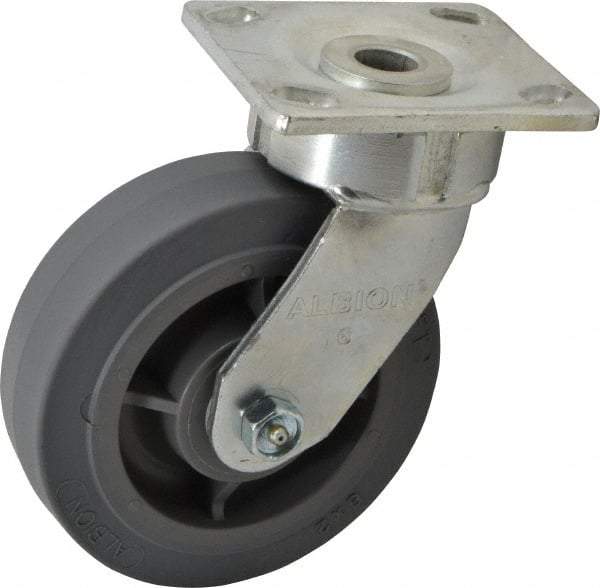 Albion - 6" Diam x 2" Wide x 7-1/2" OAH Top Plate Mount Swivel Caster - Soft Rubber, 600 Lb Capacity, Roller Bearing, 4 x 4-1/2" Plate - Americas Industrial Supply