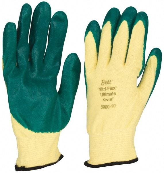 SHOWA - Size XL (10), ANSI Cut Lvl 3, Puncture Lvl 3, Abrasion Lvl 4, Nitrile Coated Cut & Puncture Resistant Gloves - Palm & Fingers Coated, Kevlar/Lycra Lining, Knit Wrist, Green/Yellow, Paired - Americas Industrial Supply