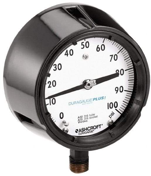 Ashcroft - 4-1/2" Dial, 1/2 Thread, 0-15 Scale Range, Pressure Gauge - Lower Connection, Rear Flange Connection Mount, Accurate to 0.5% of Scale - Americas Industrial Supply