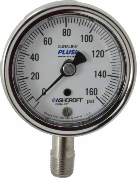 Ashcroft - 2-1/2" Dial, 1/4 Thread, 0-160 Scale Range, Pressure Gauge - Lower Connection Mount, Accurate to 1% of Scale - Americas Industrial Supply