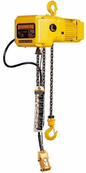 Harrington Hoist - 1 Ton Capacity, 7 FPM Lift Speed, Hook Mounted Hoist - 10' Max Lift, 16.1" Min Headroom, 1 Chain - Americas Industrial Supply