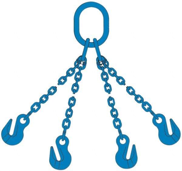 Pewag - 5' Long, 13,500 Lb Basket Capacity, 13,500 Lb Vertical Capacity, 4 Ply, Alloy Steel Web Sling - 4,500 Lb Choker Capacity, QOG Chain Sling, 9/32" Diam Chain, Blue, with 4 Grab Hooks & Master Link - Americas Industrial Supply
