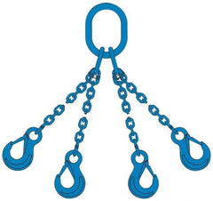 Pewag - 5' Long, 13,500 Lb Basket Capacity, 13,500 Lb Vertical Capacity, 4 Ply, Alloy Steel Web Sling - 4,500 Lb Choker Capacity, QOS Chain Sling, 9/32" Diam Chain, Blue, with 4 Sling Hooks & Master Link - Americas Industrial Supply