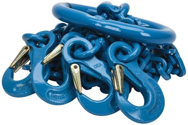 Pewag - 5' Long, 27,500 Lb Basket Capacity, 10,600 Lb Vertical Capacity, 4 Ply, Alloy Steel Web Sling - 10,600 Lb Choker Capacity, QOS Chain Sling, 3/8" Diam Chain, Blue, with 4 Sling Hooks & Master Link - Americas Industrial Supply