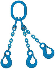Pewag - 5' Long, 27,500 Lb Basket Capacity, 10,600 Lb Vertical Capacity, 3 Ply, Alloy Steel Web Sling - 10,600 Lb Choker Capacity, TOS Chain Sling, 3/8" Diam Chain, Blue, with 3 Sling Hooks & Master Link - Americas Industrial Supply