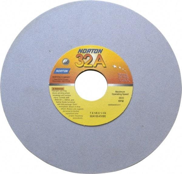 Norton - 7" Diam x 1-1/4" Hole x 1/8" Thick, K Hardness, 100 Grit Surface Grinding Wheel - Aluminum Oxide, Type 1, Fine Grade, 3,600 Max RPM, Vitrified Bond, No Recess - Americas Industrial Supply