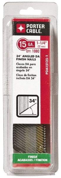 Porter-Cable - 15 Gauge 1-1/4" Long Finishing Nails for Power Nailers - Grade 2 Steel, Bright Finish, Angled Stick Collation, Chisel Point - Americas Industrial Supply