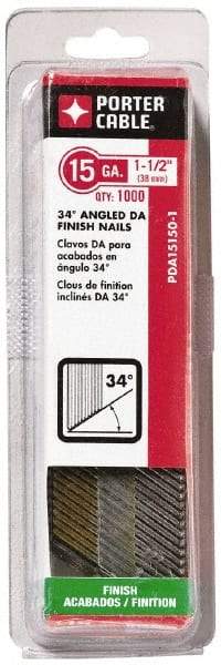 Porter-Cable - 15 Gauge 1-1/2" Long Finishing Nails for Power Nailers - Grade 2 Steel, Bright Finish, Angled Stick Collation, Chisel Point - Americas Industrial Supply