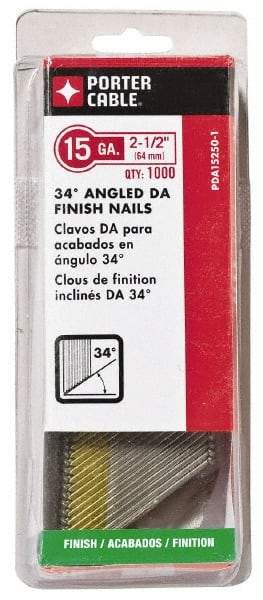 Porter-Cable - 15 Gauge 2-1/2" Long Finishing Nails for Power Nailers - Grade 2 Steel, Bright Finish, Angled Stick Collation, Chisel Point - Americas Industrial Supply