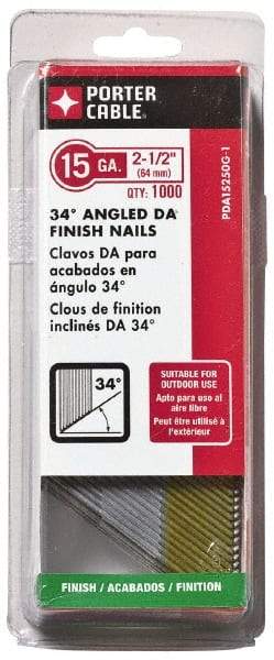 Porter-Cable - 15 Gauge 2-1/2" Long Finishing Nails for Power Nailers - Grade 2 Steel, Galvanized Finish, Angled Stick Collation, Chisel Point - Americas Industrial Supply